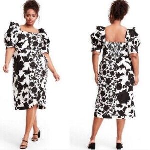 Christopher John Rogers Puff Sleeve Black and White Floral Dress Size 28w/30w